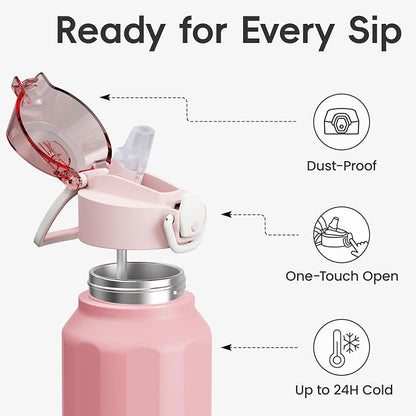 Konokyo FLOWPLAY 26oz Locking Push-Button Water Bottle with Silicone Spout,Leak-Proof,18/8 Stainless Steel Double-Wall Vacuum Insulated for Sports and Travel,BPA-Free,Pink