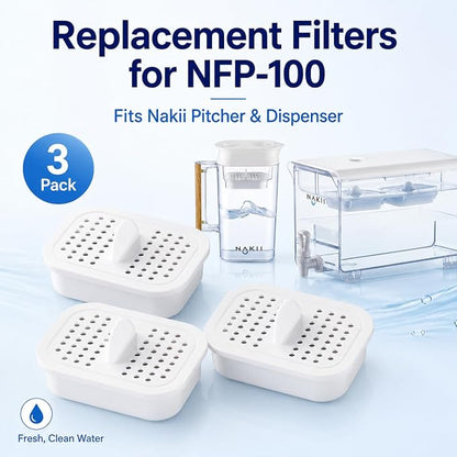 Nakii Genuine Original NFP-100 Replacement Water Filters, Official Nakii Pitcher Filter Refills, 3 Pack, WQA Certified, NSF Grade, 150-Gallon Long Life Filters, Reduces Chlorine, Mercury, Rust & More