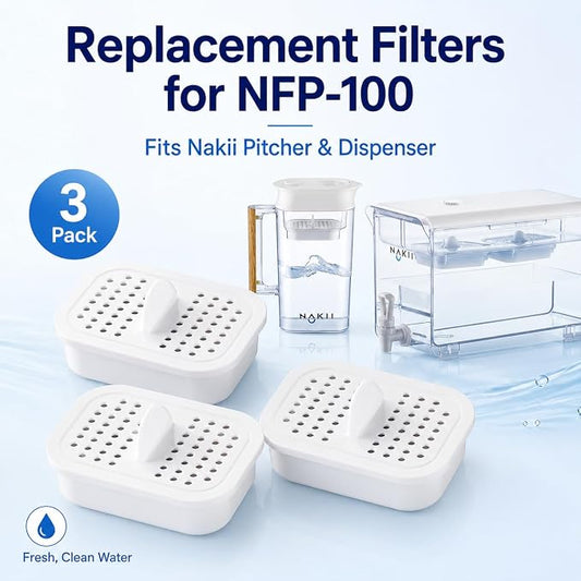 Nakii Genuine Original NFP-100 Replacement Water Filters, Official Nakii Pitcher Filter Refills, 3 Pack, WQA Certified, NSF Grade, 150-Gallon Long Life Filters, Reduces Chlorine, Mercury, Rust & More