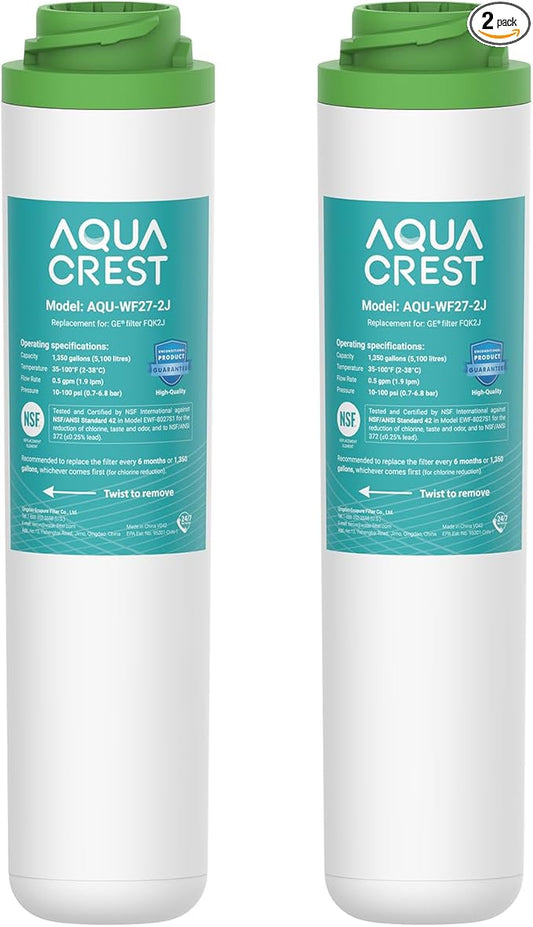 AQUA CREST FQK2J Under Sink Water Filter, Replacement for GE FQK2J, FQK1K, Compatible with GE GXK255TBN, NSF/ANSI 42 372 Certified, 1320 Gallons Dual Flow Drinking Water Replacement Filters, 2 Pack