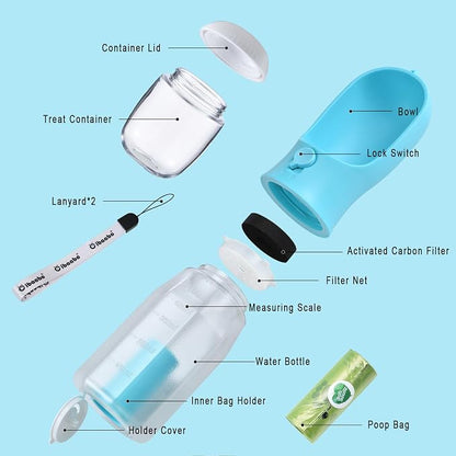Cibaabo Dog Water Bottle with Food Container & Poop Bag Holder & Filter | Travel Water Bowl, Portable Pet Dispenser, Dog Gifts, Puppy Essentials for Walking Hiking