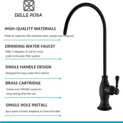 Delle Rosa Drinking Water Purifier Faucet, Commercial Filtration Faucets for Under Sink Water Filter System, Modern Stainless Steel Matte Black Kitchen Bar Sink Drinking Water Faucets,Non-Air Gap