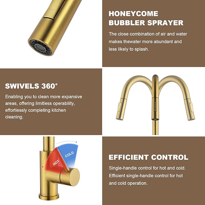 Tohlar Gold Kitchen Faucet with Pull Down Sprayer, Gold Kitchen Sink Faucet for 1 or 3 Hole, Modern Stainless Steel Sink Faucet with Deck Plate for Farmhouse Laundry Rv, Brushed Gold