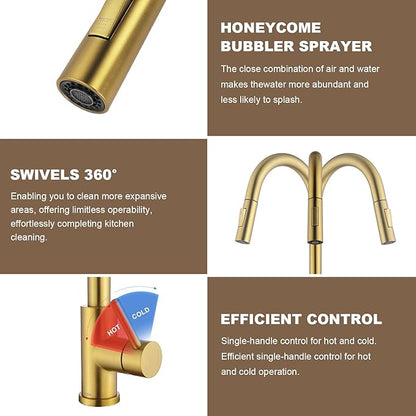 Tohlar Gold Kitchen Faucet with Pull Down Sprayer, Gold Kitchen Sink Faucet for 1 or 3 Hole, Modern Stainless Steel Sink Faucet with Deck Plate for Farmhouse Laundry Rv, Brushed Gold
