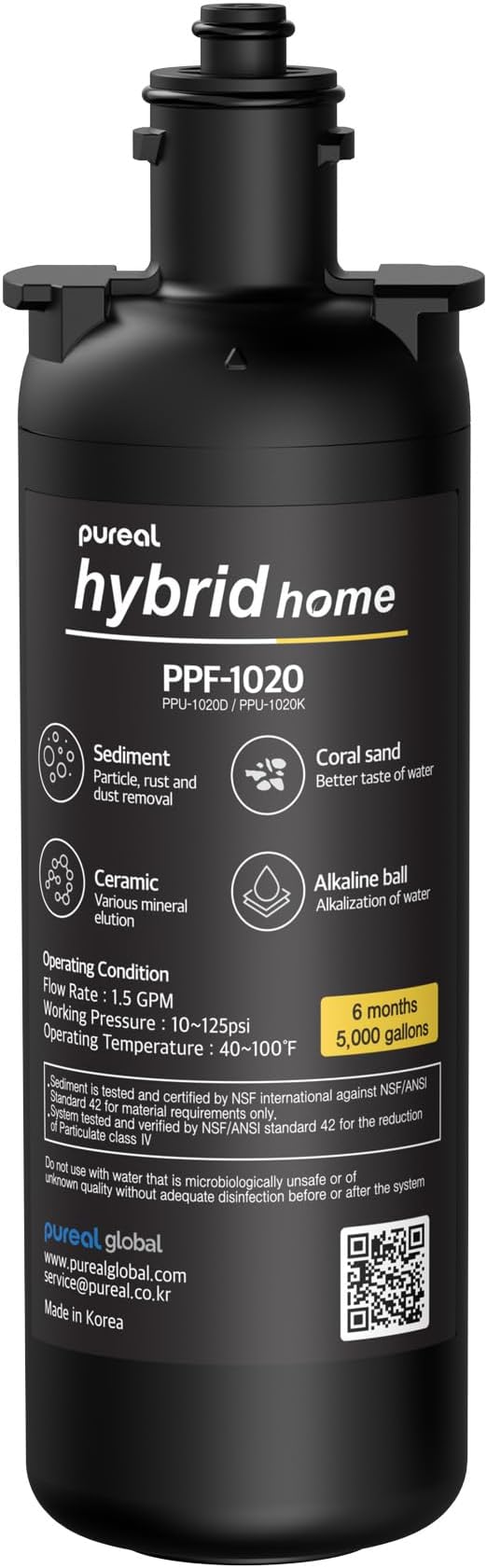 Pureal PPF-1020 Under Sink Sediment Water Filter Cartridge, 10 Inch | NSF/ANSI 42 & 372 Certified. Alkaline Ceramic with Mineral. Removes Sand, Rust & Dirt. Improves pH Balance. Made in Korea.