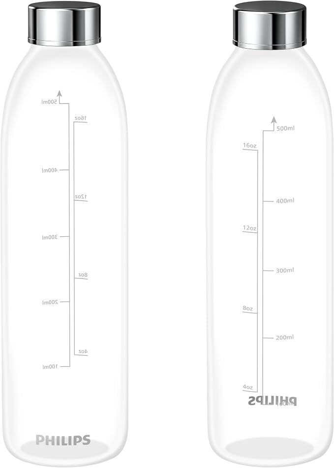 PHILIPS ADD907P2 Glass Bottles 2-Pack, 16.9oz, Compatible with ADD5930BK/37 Water Filter, Leakproof for Travel and Refrigeration, Not for Soda Machines