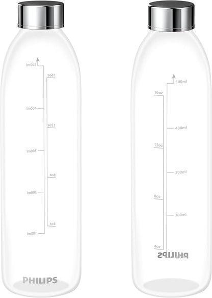 PHILIPS ADD907P2 Glass Bottles 2-Pack, 16.9oz, Compatible with ADD5930BK/37 Water Filter, Leakproof for Travel and Refrigeration, Not for Soda Machines