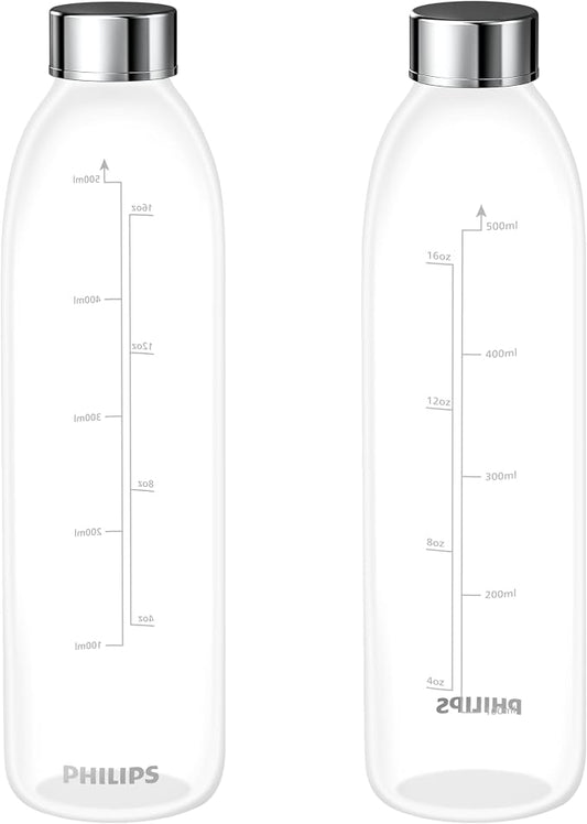PHILIPS ADD907P2 Glass Bottles 2-Pack, 16.9oz, Compatible with ADD5930BK/37 Water Filter, Leakproof for Travel and Refrigeration, Not for Soda Machines