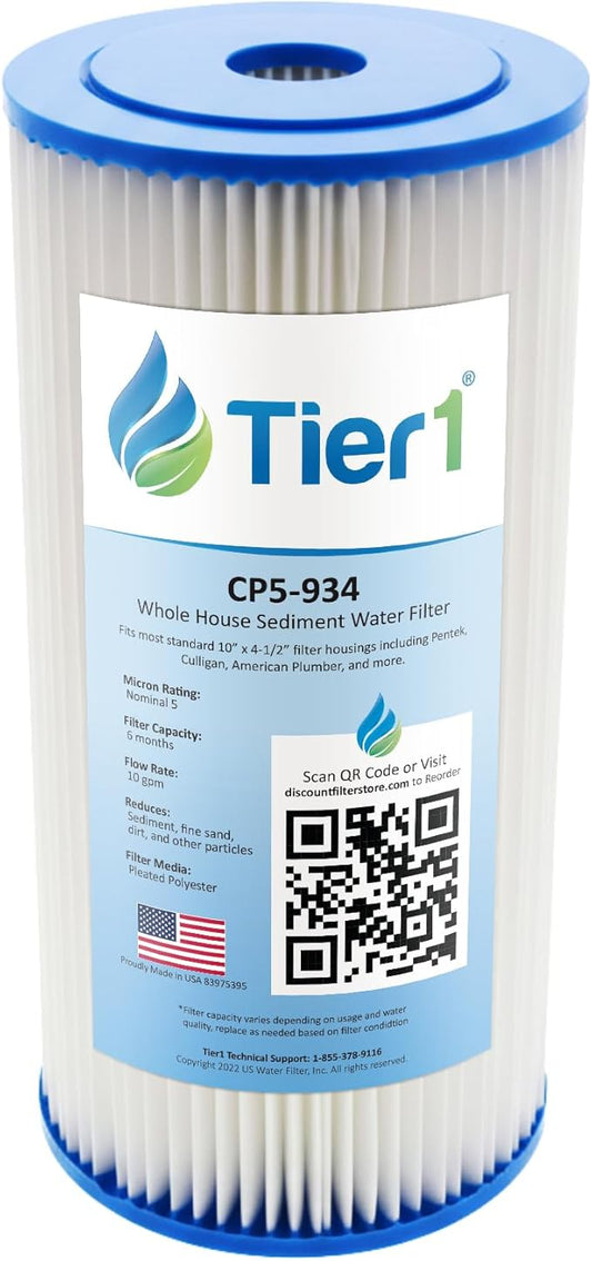 Tier1 5 Micron 10 x 4.5 Water Filter | Pleated Polyester Whole House Sediment Filter Cartridge | Replacement for Pentek CP5-BB, Culligan CP5-BBS-D, CP5-934, W5CPHD | 4.5 x 10 Water Filter