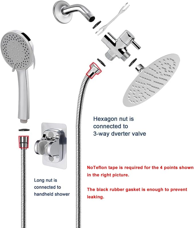 NearMoon Filtered Shower Head, High Pressure 8″Round Rain Shower and 5 settings Handheld Shower Filter Combo with Self-adhesive Holder/1.5M Hose -1 Replaceable Filter Cartridge (Chrome Finish)