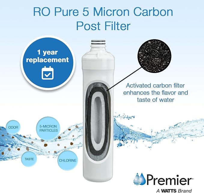 Watts Premier 5-Micron Activated Carbon Post-Filter for RO Pure/Pure Plus/Zero Pure Plus Reverse Osmosis System, Final Polishing Water Filter Replacement, Push Button Assembly