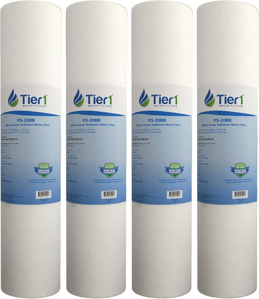 Tier1 5 Micron 20x4.5 Water Filter | Spun Wound Polypropylene Whole House Sediment Pre-Filter Cartridge | Replacement for Pentek DGD-5005-20, SDC-45-2005 | 4.5 x 20 Water Filter Cartridge (4-Pack)