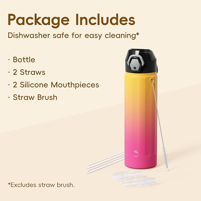Konokyo FLOWPLAY 22oz Locking Push-Button Water Bottle with Silicone Spout,Leak-Proof,18/8 Stainless Steel Double-Wall Vacuum Insulated for Sports and Travel,BPA-Free,Rainbow
