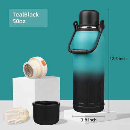 Konokyo Insulated Water Bottle with Handle and Strap,Vacuum Travel Tumbler with Cup Lid,Thermo Coffee Cup for Hot Cold Drinks 50 OZ,TealBlack
