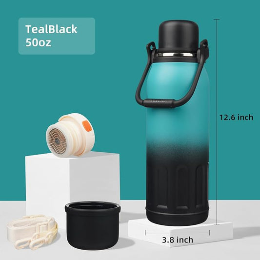 Konokyo Insulated Water Bottle with Handle and Strap,Vacuum Travel Tumbler with Cup Lid,Thermo Coffee Cup for Hot Cold Drinks 50 OZ,TealBlack