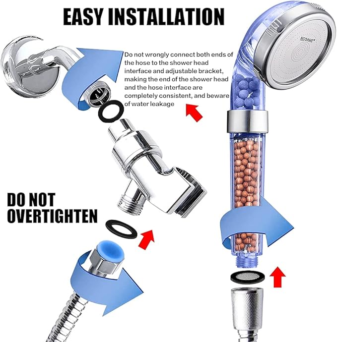 Nosame® Shower Head with Hose and Braket, Filter Filtration High Pressure Water Saving 3 Mode Function Spray Handheld Showerheads for Dry Skin & Hair