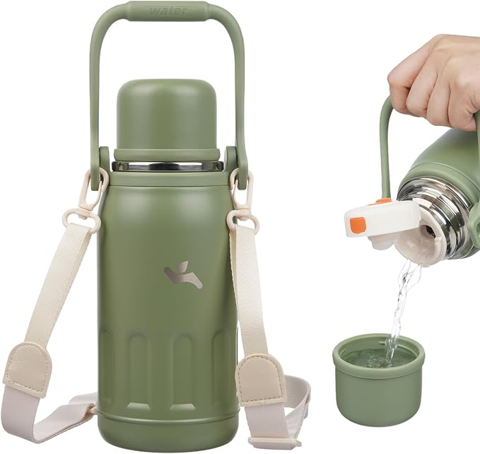 Konokyo Insulated Water Bottle with Handle and Strap,Vacuum Travel Tumbler with Cup Lid,Thermo Coffee Cup for Hot Cold Drinks 27 OZ,Army Green