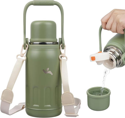 Konokyo Insulated Water Bottle with Handle and Strap,Vacuum Travel Tumbler with Cup Lid,Thermo Coffee Cup for Hot Cold Drinks 27 OZ,Army Green
