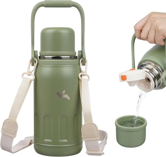 Konokyo Insulated Water Bottle with Handle and Strap,Vacuum Travel Tumbler with Cup Lid,Thermo Coffee Cup for Hot Cold Drinks 27 OZ,Army Green