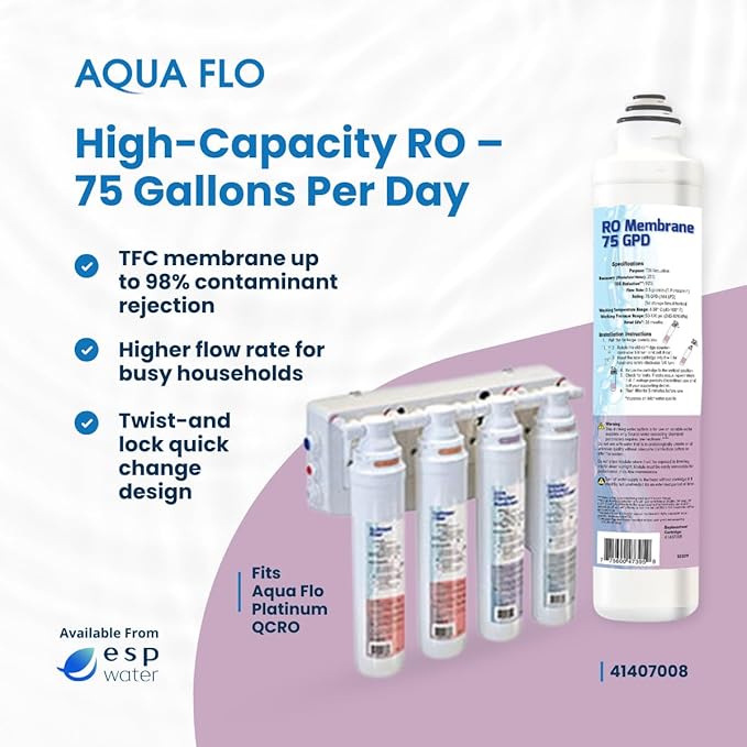 Aqua Flo 41407008 Quick Change RO Membrane – 75 GPD TFC Filter for Aqua Flo Platinum QCRO 4-Stage Systems – Reduces TDS, Easy Twist-Lock Installation