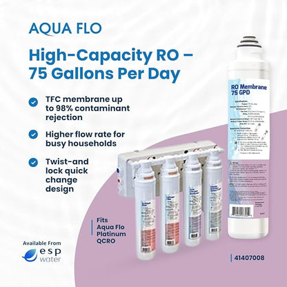 Aqua Flo 41407008 Quick Change RO Membrane – 75 GPD TFC Filter for Aqua Flo Platinum QCRO 4-Stage Systems – Reduces TDS, Easy Twist-Lock Installation