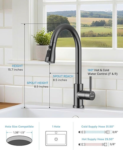 WEWE Kitchen Faucet with Pull Down Sprayer and Soap Dispenser, Matte Gray High Arc Single Handle Stainless Steel Sink Faucet, Suitable for Farmhouse, RV & Laundry