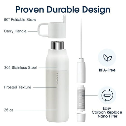 VSITOO 25oz Insulated Stainless Steel Filtered Water Bottle for Travel and Everyday Use ，5-Stage 0.01μm Ultra-strong Filtration，Reusable，Improves Taste，for Hiking, Cycling, Gym & Outdoor Use，White