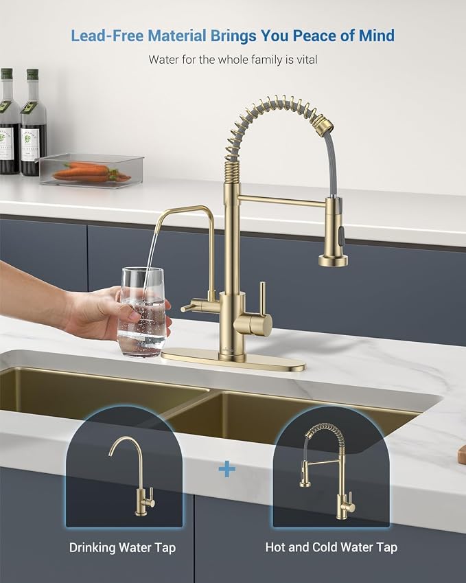 APPASO 3 Way Gold Kitchen Faucet with Water Filter | NSF/ANSI/CAN 372 & Lead-free 3 in 1 Kitchen Faucet for Farmhouse Laundry Camper RV Bar (Without Water Filtration Device)