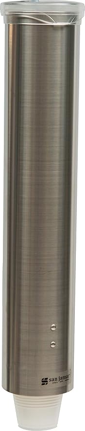 San Jamar Small Pull-Type Cup Dispenser Fits 3-4.5 Oz Cone Cups, 3-5 Oz Flat Cups with Flip Caps for Restaurants, Dining Halls, and Fast Food, Stainless Steel, 16 Inches, Silver