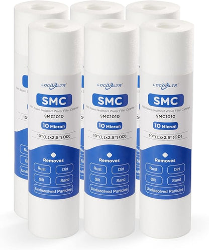 Whole House 10 Micron 10" x 2.5" Spun Polypropylene Sediment Well Water Filter Cartridge Replacement for RS14, RS14-SS, PD-10-934, SDC-25-1010, FP110, PWMB10M10, FPMB10-978, SP-P10 (Pack of 6)