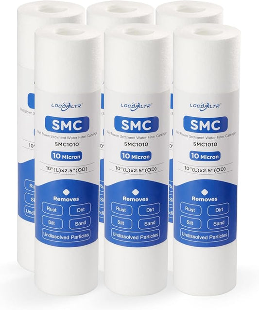 Whole House 10 Micron 10" x 2.5" Spun Polypropylene Sediment Well Water Filter Cartridge Replacement for RS14, RS14-SS, PD-10-934, SDC-25-1010, FP110, PWMB10M10, FPMB10-978, SP-P10 (Pack of 6)