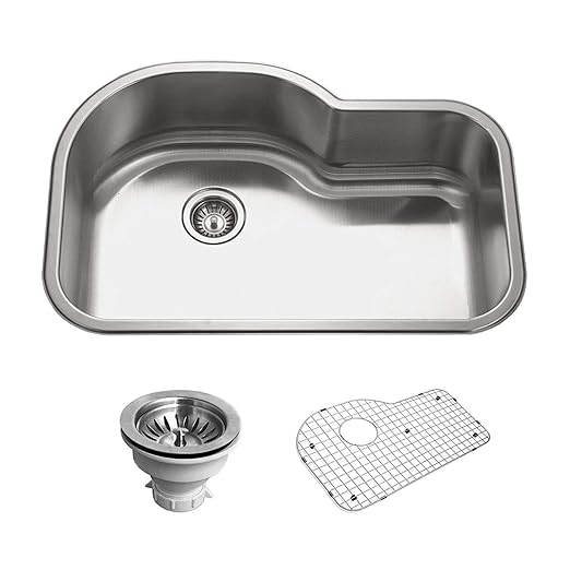 Houzer BSH-3200 Belleo 32 inch Stainless Steel Kitchen Sink, Topmount, Single Bowl Offset, Cabinet Compatibility, Basket Strainer and Bottom Grid Included, Satin Finish