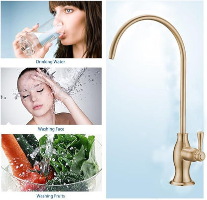Delle Rosa Brushed Gold Drinking Water Faucet, Non-Air Gap Stainless Steel Kitchen Water Filter Faucet, Classical Water Filtration Faucet for Under Sink Water Filter System Brushed Gold（Light Gold）