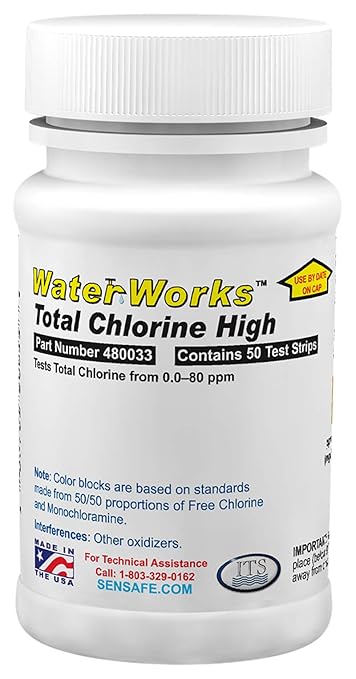 Industrial Test Systems WaterWorks 480033 Total Chlorine Test Strip, High Range Range, 33 Seconds Test Time, 0-80ppm Range (Bottle of 50 test strips)