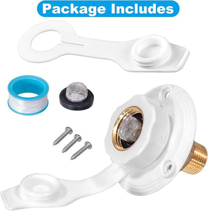 RV Water Inlet Replacement, White Flange RV City Water Inlet with Check Valve, Brass RV Fresh Water Inlet 3/4" GHT Female to 1/2" NPT Male City Water Connection for RV Camper