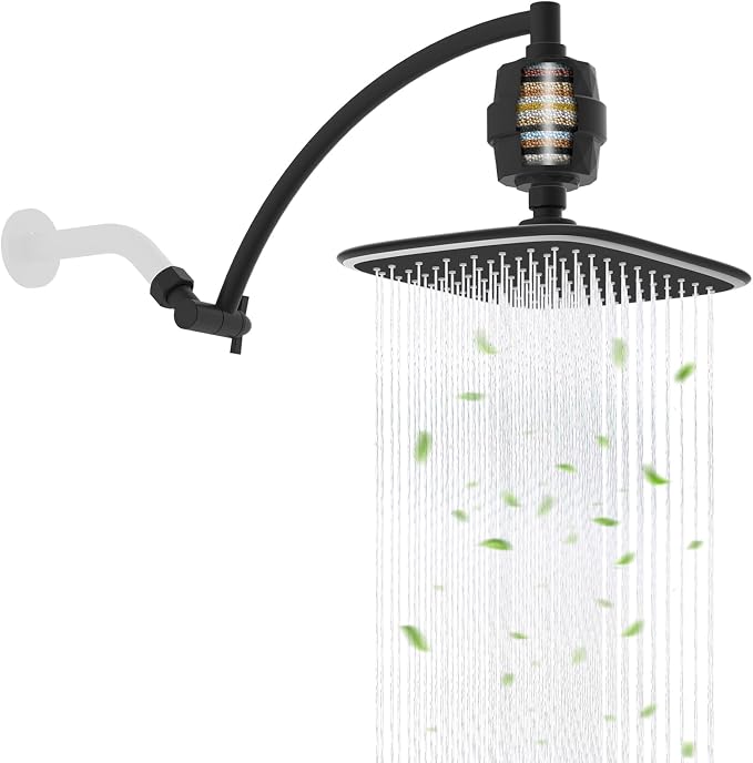 iFealClear Filtered Rain Shower Head with 12" Shower Extension Arm, 10" High-Pressure Boosting Rainfall Showerhead, Metal Shower Head Extender Adjustable Height/Angle, Easy to Install, Matte Black