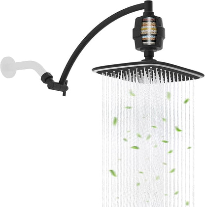 iFealClear Filtered Rain Shower Head with 12" Shower Extension Arm, 10" High-Pressure Boosting Rainfall Showerhead, Metal Shower Head Extender Adjustable Height/Angle, Easy to Install, Matte Black