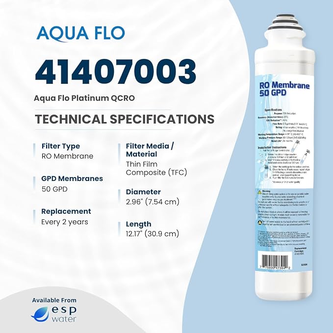 Aqua Flo 41407003 Quick Change 50 GPD TFC RO Membrane – For Aqua Flo Platinum QCRO 4-Stage Reverse Osmosis System – Reduces TDS, Enhances Taste – Easy Twist & Lock Installation
