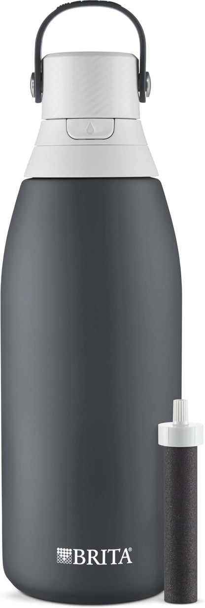 Brita Stainless Steel Premium Filtering Water Bottle, BPA-Free, Reusable, Insulated, Replaces 300 Plastic Water Bottles, Filter Lasts 2 Months or 40 Gallons, Includes 1 Filter, Carbon - 32 oz