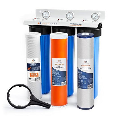 Aquaboon 3-Stage Whole House Water Filter System with 5 Micron 20x4.5 Anti-Scale Reducing Sediment, KDF Heavy Metals and Carbon Chlorine Reduction Water Filter Purification, Wrench, Bracket