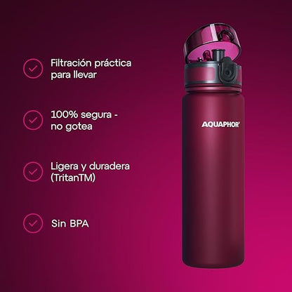 AQUAPHOR City Water Filter Bottle 500 ml | Portable Filtered Water Bottle with Integrated Water Purifier | BPA-Free | Reusable Bottle with Water Filter for Camping, Travel & Outdoor Use | Ruby Red