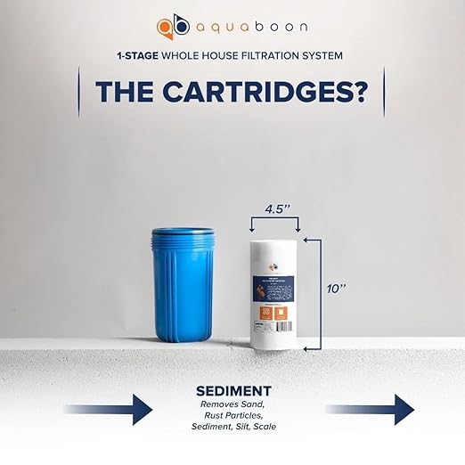 Aquaboon Whole House Water Filter System for Well Water with 5 Micron 10x4.5 Purification Reducing Sediment Cartrige | NSF Certified, Pressure Gauges & Releas, Wrench, Bracket 1" NPT
