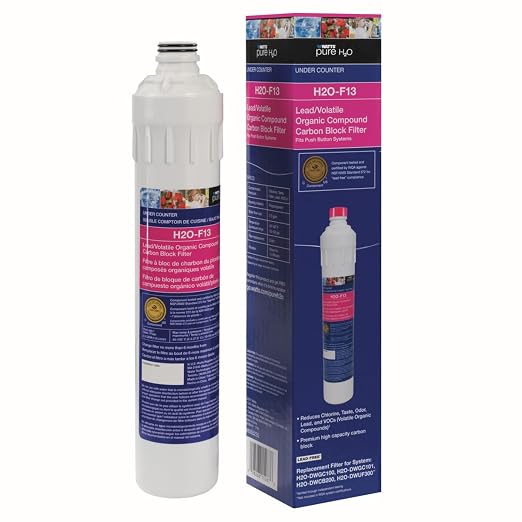 Watts Premier H2O-F13 Pure H2O LVOC Carbon Block Filter Replacement for H2O-DWGC100, H2O-DWGC101, H2O-DWCB200, H2O-DWUF300 Under Counter Water Filtration Systems, Push Button Design