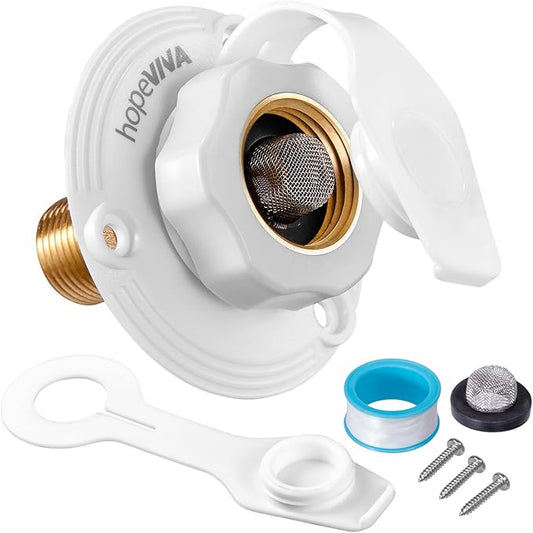 RV Water Inlet Replacement, White Flange RV City Water Inlet with Check Valve, Brass RV Fresh Water Inlet 3/4" GHT Female to 1/2" NPT Male City Water Connection for RV Camper
