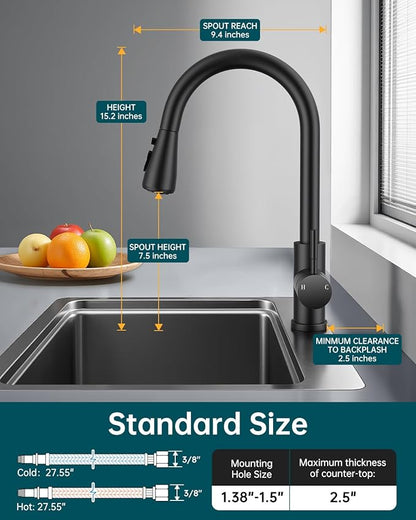 Hiqufet Black Kitchen Faucet with Soap Dispenser & Pull Down Sprayer, Rv Kitchen Sink Faucets for Pot Filler, Farmhouse Camper Bar Sink Laundry, RV Bathroom, Single Hole Single Handle Stainless Steel