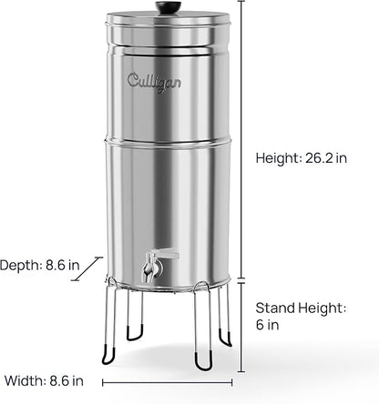Culligan MaxClear 2.25 Gallon Gravity Water Filter System, Removes Microplastics, PFAS & Lead, NSF/ANSI Certified, Brushed Stainless-Steel Countertop Filter with 1 Ceramic Filter