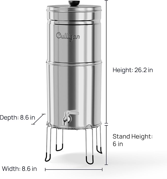 Culligan MaxClear 2.25 Gallon Gravity Water Filter System, Polished Stainless-Steel Countertop Water Filter NSF/ANSI Certified to Reduce Microplastics, Lead & Total PFAS, with 4 Ceramic Filters