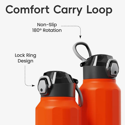 Konokyo FLOWPLAY 32oz Locking Push-Button Water Bottle with Silicone Spout,Leak-Proof,18/8 Stainless Steel Double-Wall Vacuum Insulated for Sports and Travel,BPA-Free,Orange