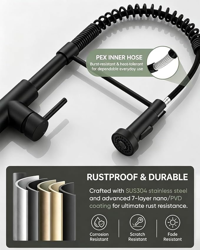 Matte Black Kitchen Faucet with Pull-Down Sprayer — Commercial Spring High-Arc Single-Handle Sink Faucet, Fits 1 or 3 Hole for Farmhouse, Bar, Camper and Laundry Room