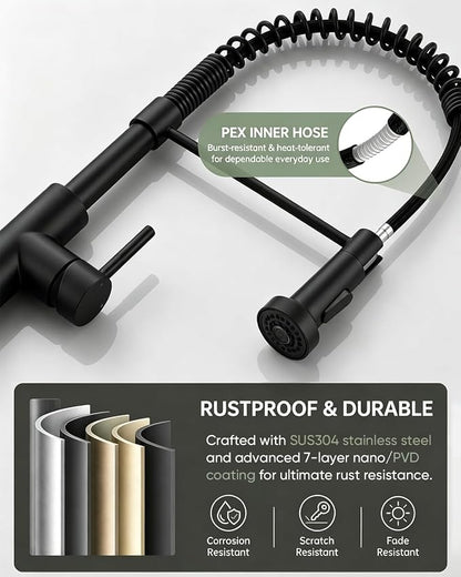 Matte Black Kitchen Faucet with Pull-Down Sprayer — Commercial Spring High-Arc Single-Handle Sink Faucet, Fits 1 or 3 Hole for Farmhouse, Bar, Camper and Laundry Room